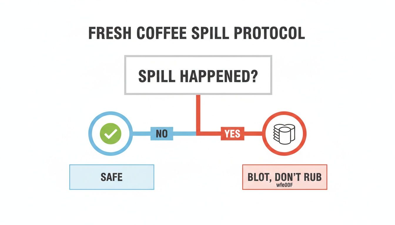 A flowchart illustrating the fresh coffee spill protocol with steps for safe handling or blotting.