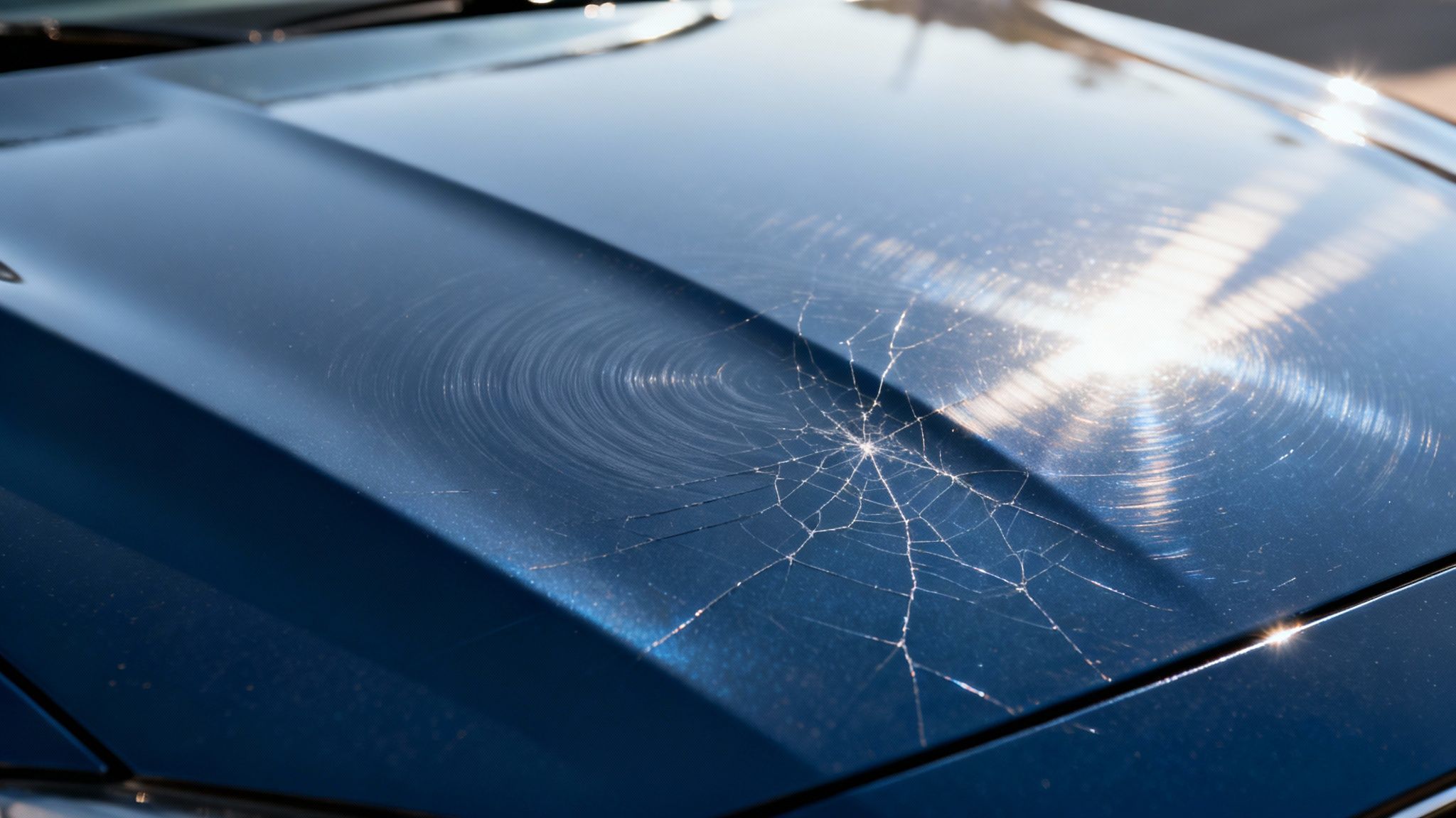 Close-up of a dark blue car hood showing severe swirl marks and spiderweb paint damage, reflecting sunlight.