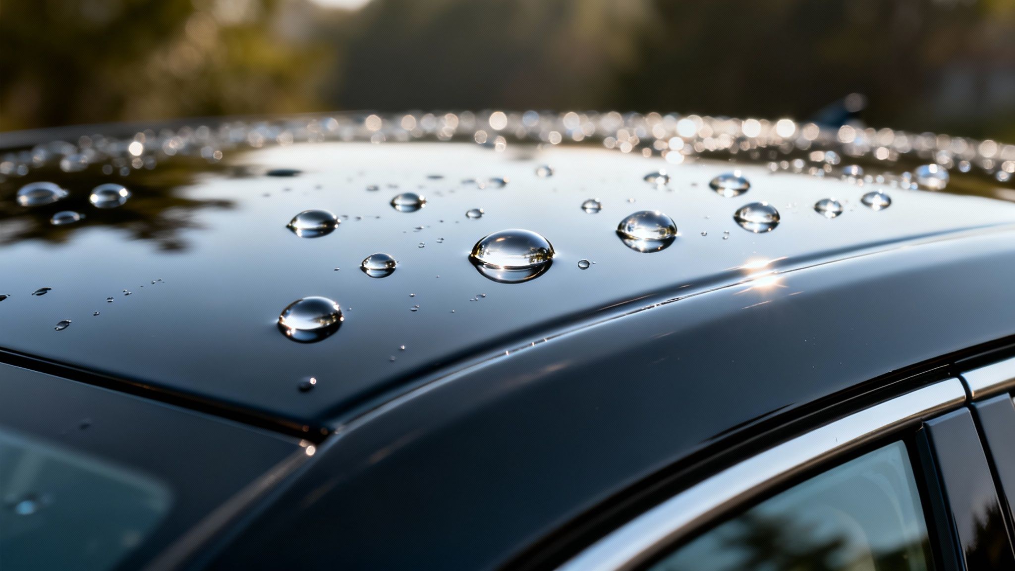 Spherical water droplets on a shiny black car roof, showcasing a hydrophobic surface.