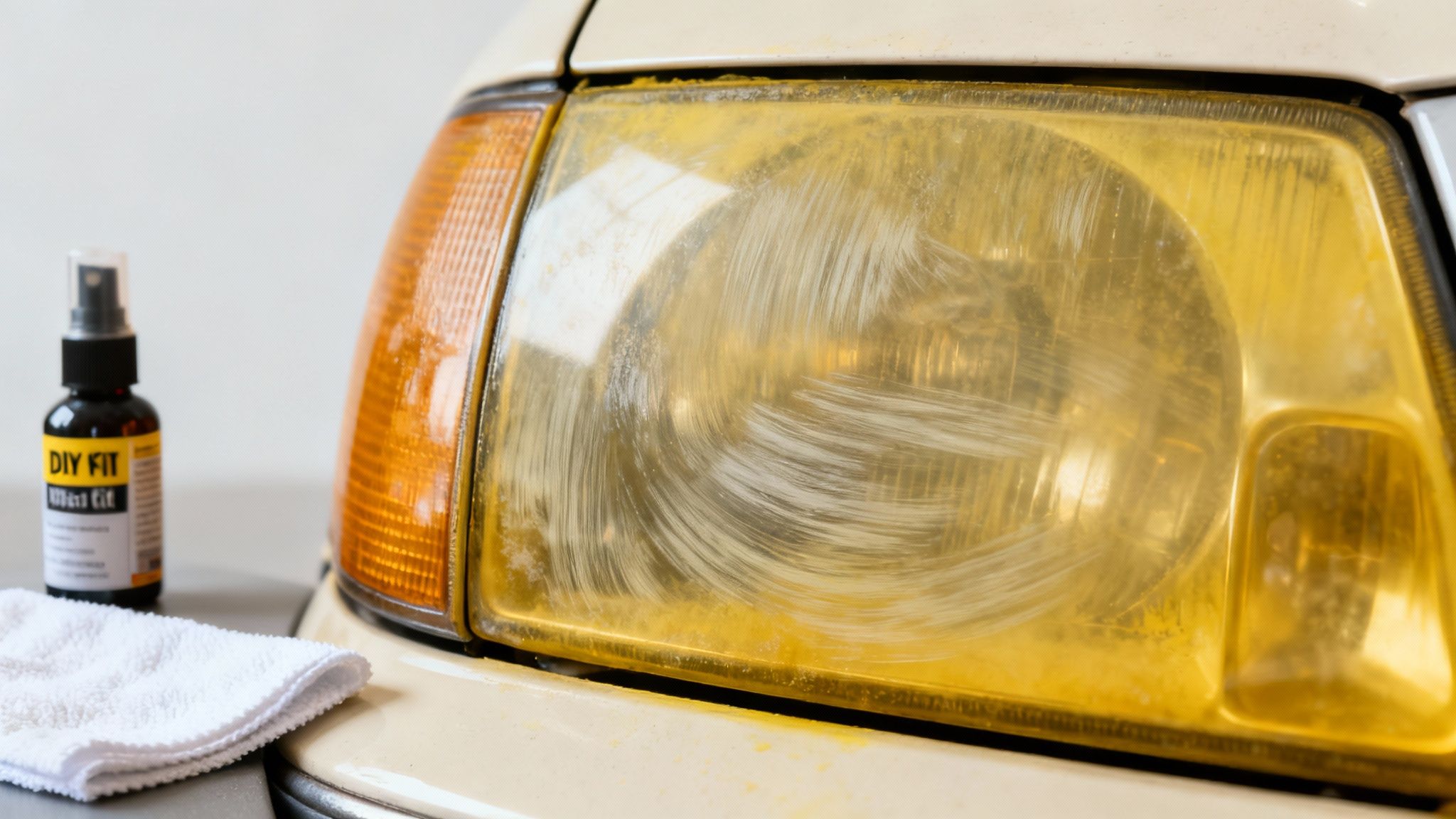 Close-up of a severely yellowed car headlight being restored, with a spray bottle and cloth.