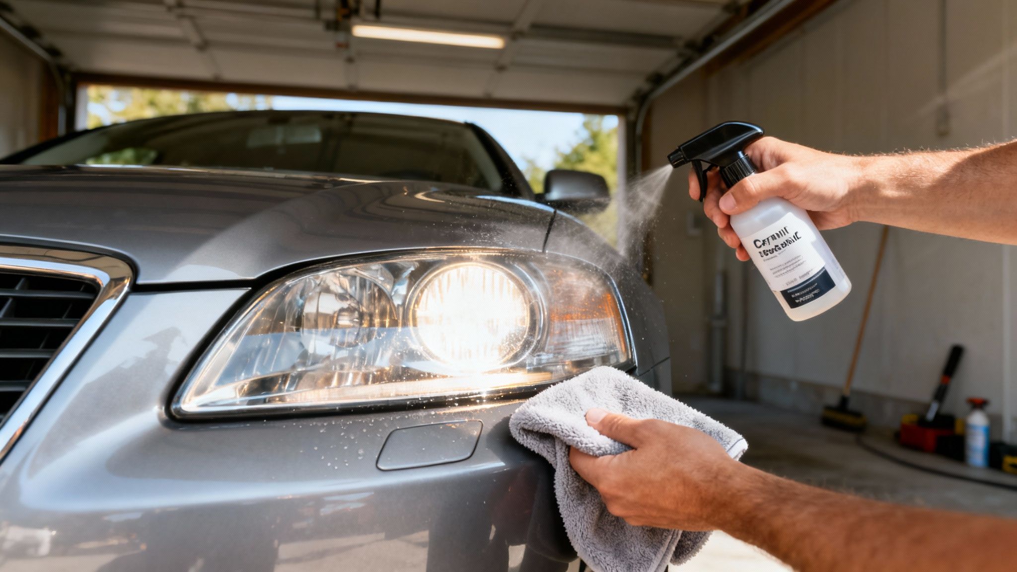 A person cleaning a gray car's headlight with a spray bottle and microfiber cloth in a garage.