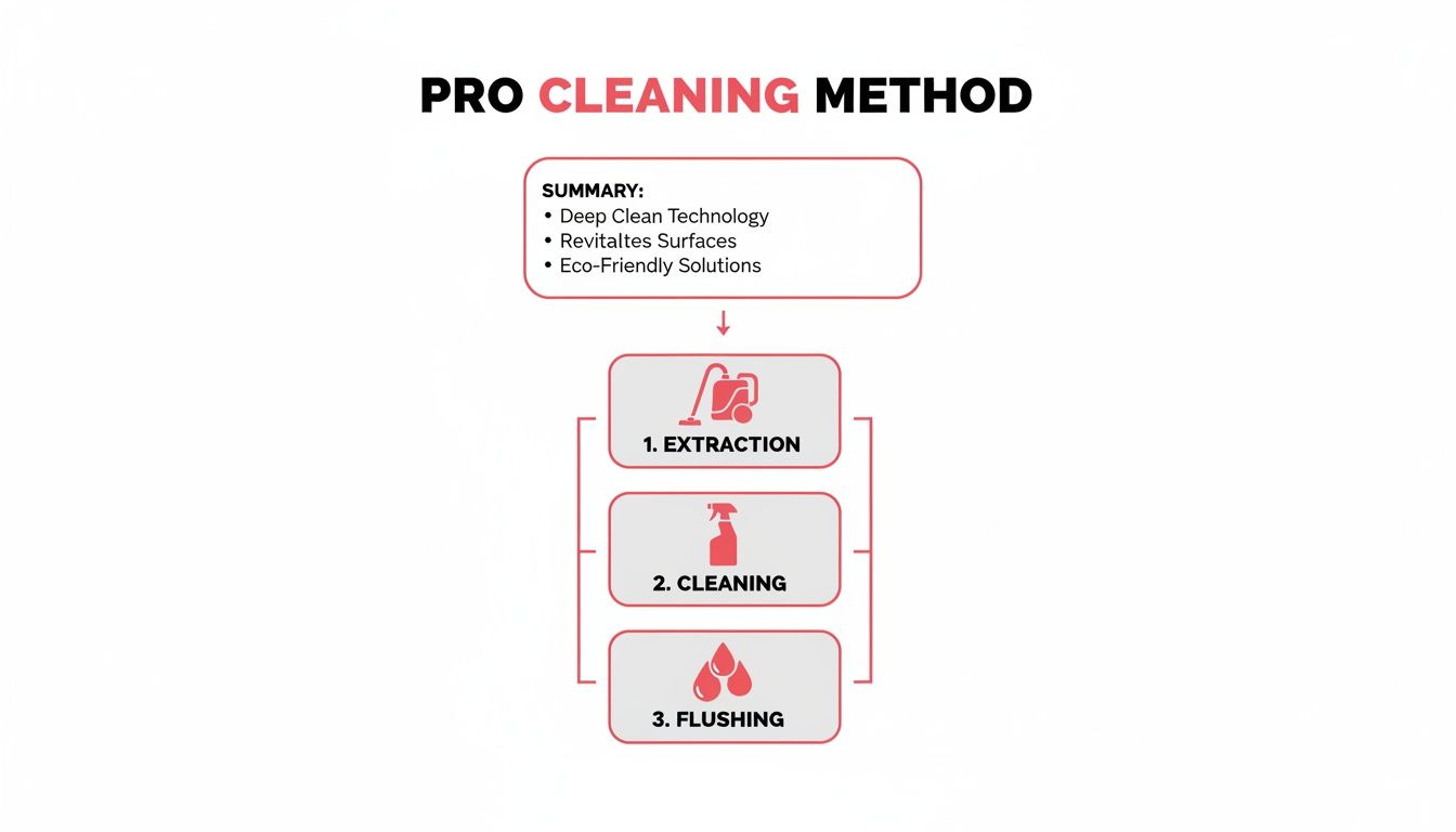 Flowchart illustrating a professional cleaning method, including extraction, cleaning, and flushing steps, with a summary of benefits.