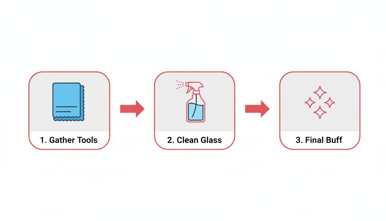 Three-step diagram illustrating the process of cleaning glass: gather tools, clean glass with spray, and final buff.