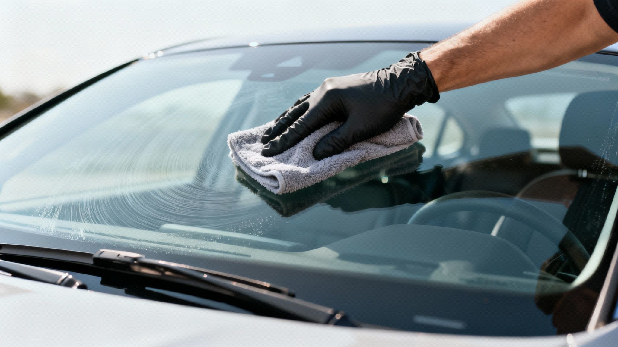 Gloved hand wiping a car's windshield with a gray microfiber towel, leaving streaks.