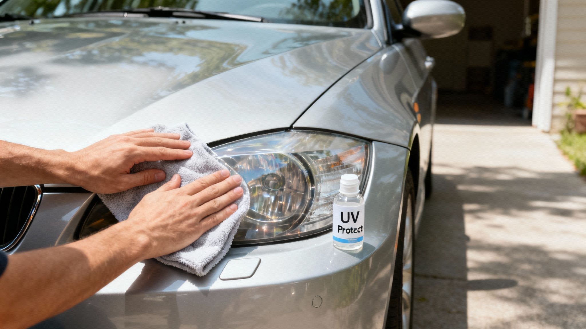 Hands applying UV protectant to a silver car's headlight with a microfiber cloth.