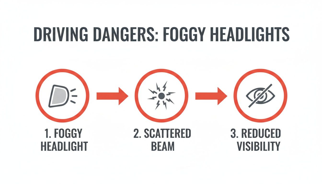 Diagram illustrating how foggy headlights lead to scattered beams and ultimately reduced visibility while driving.