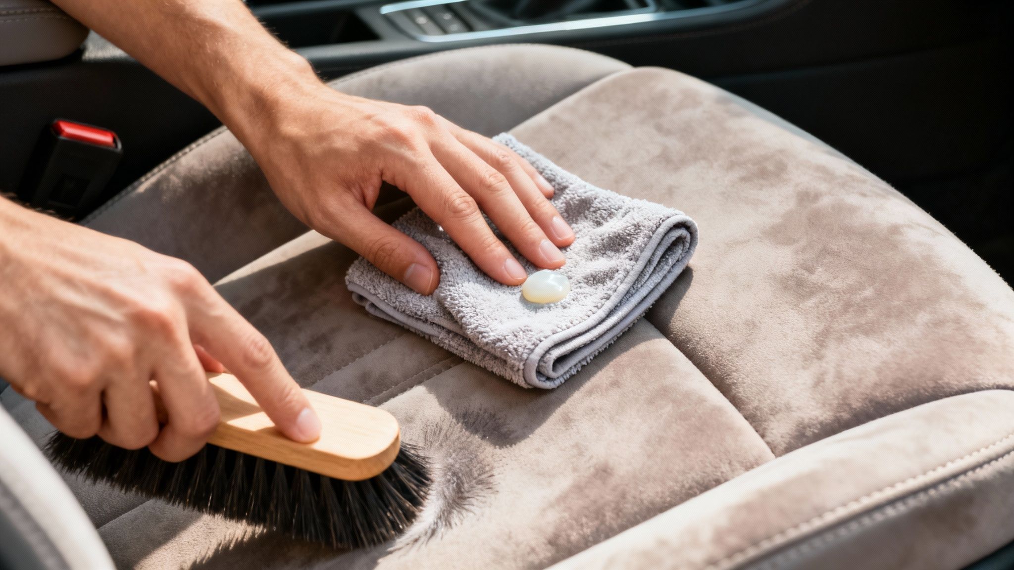 Hands cleaning dirty suede car upholstery using a brush, towel, and cleaning product.