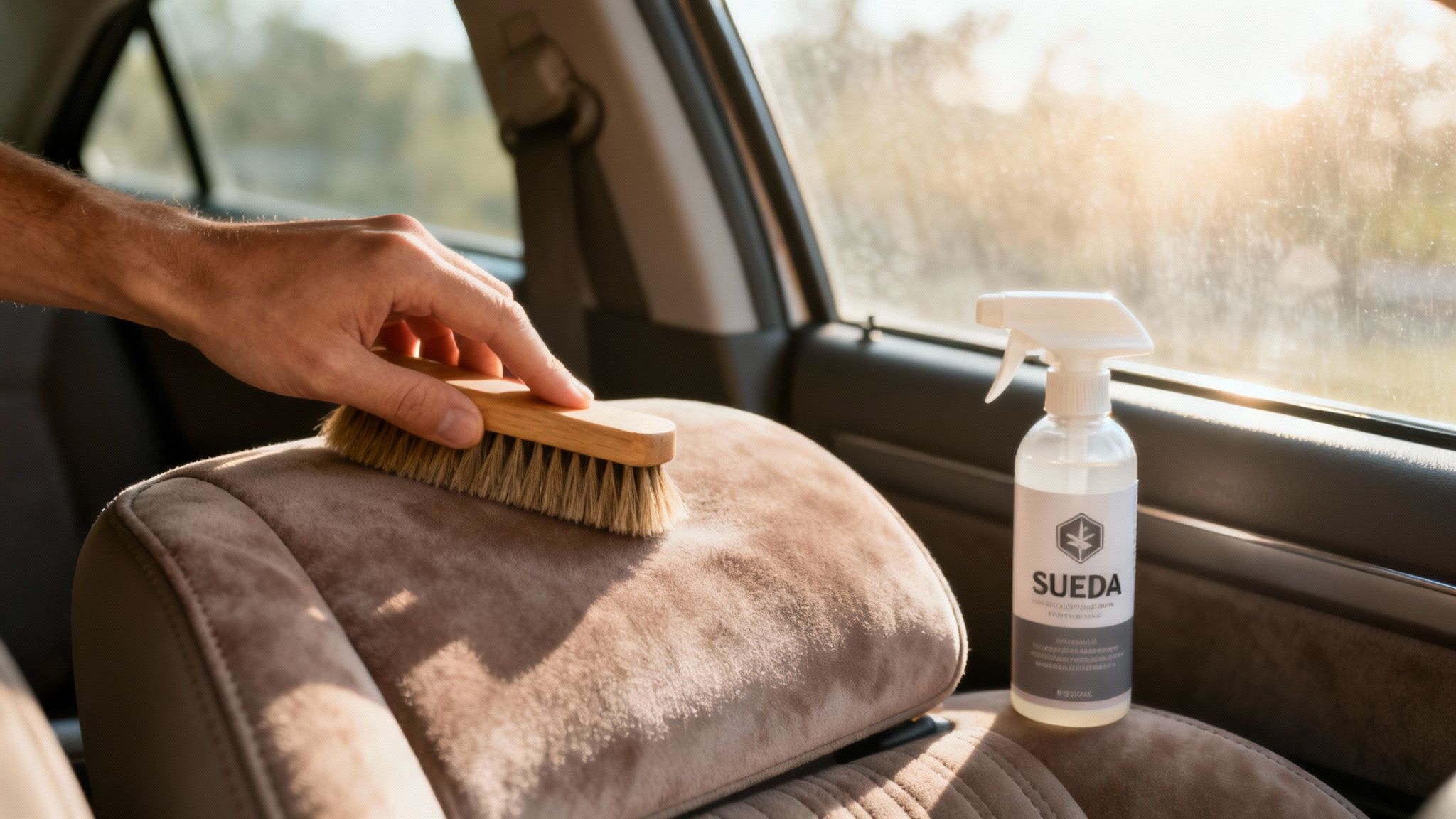 A person's hand brushes a suede car seat with a cleaning solution bottle next to it.