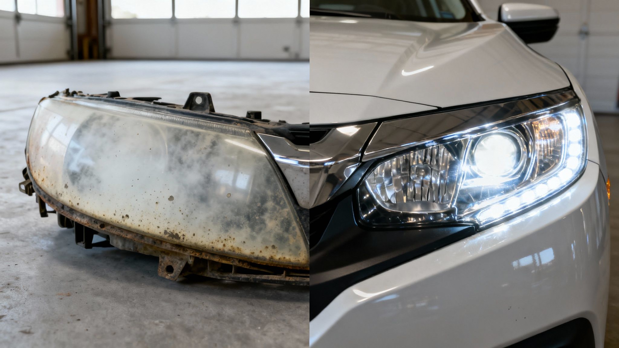 Before and after comparison of a rusty, hazy car headlight and a bright, clear, new car headlight.