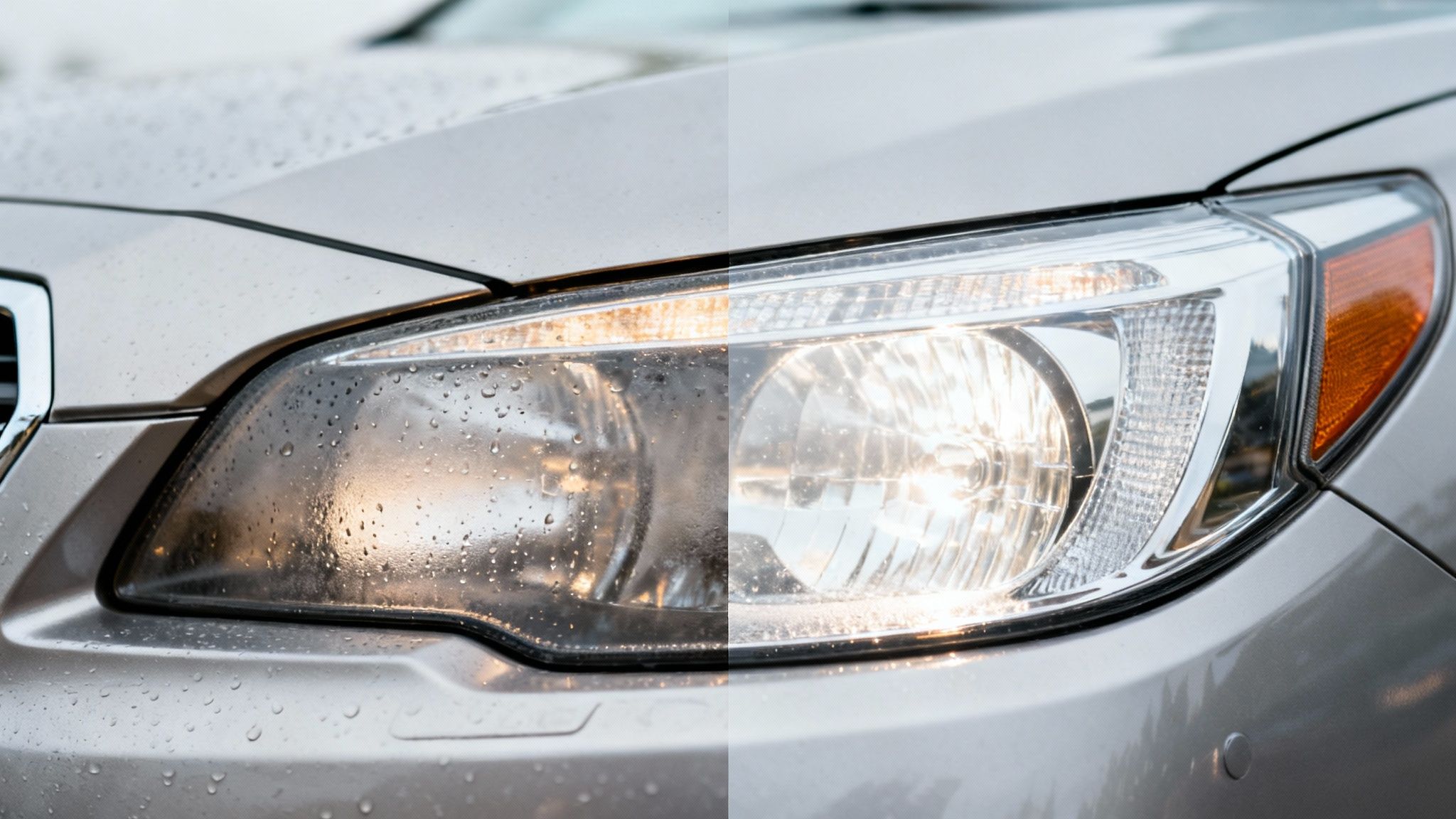 Split image of a car headlight, showing a hazy 'before' side and a clear, bright 'after' side, with raindrops.