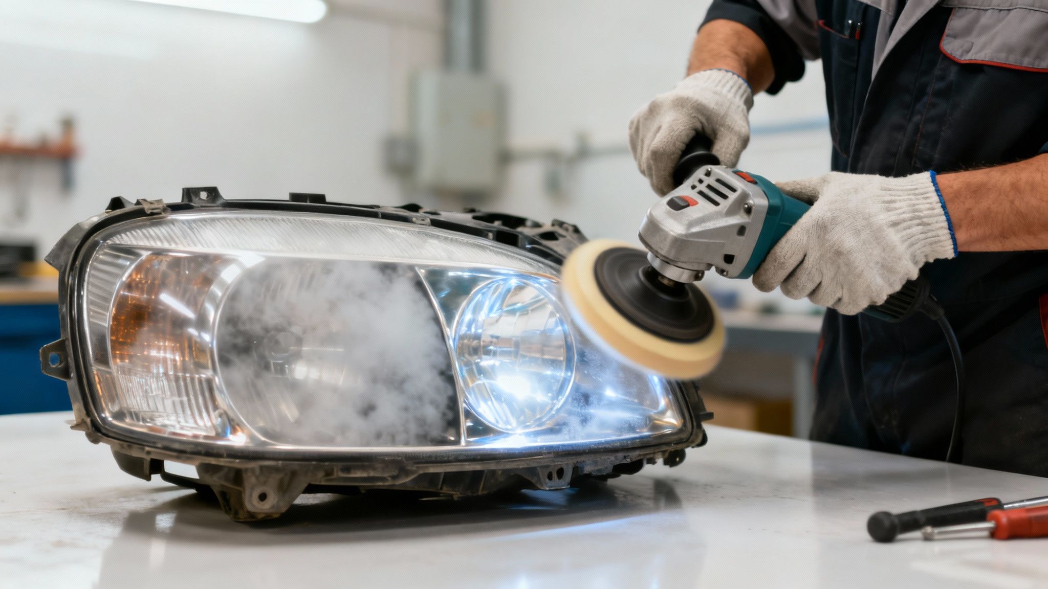 Mechanic wearing gloves polishing a cloudy car headlight with an electric polisher in a garage.