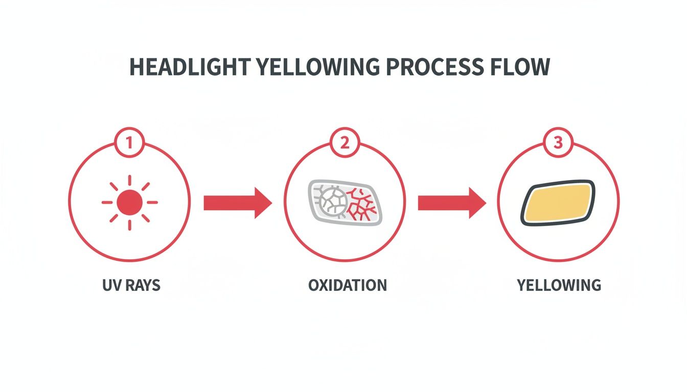 Flowchart illustrating the process of headlight yellowing, showing UV rays causing oxidation which leads to yellowed headlights.