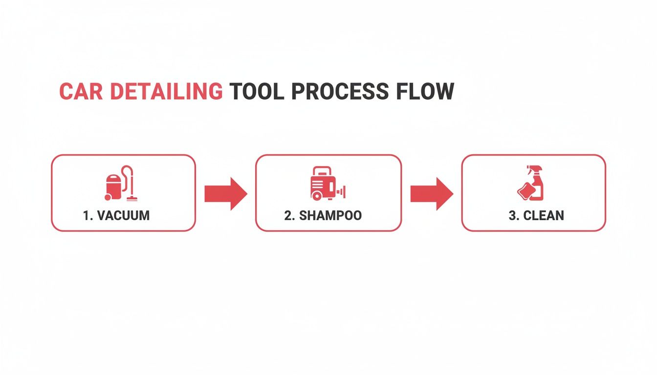 A car detailing process flow diagram showing three steps: vacuuming, shampooing, and cleaning with tools.