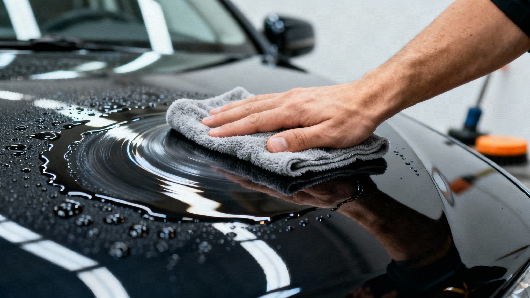 A person's hand uses a grey microfiber cloth to wipe liquid from a shiny black car hood.