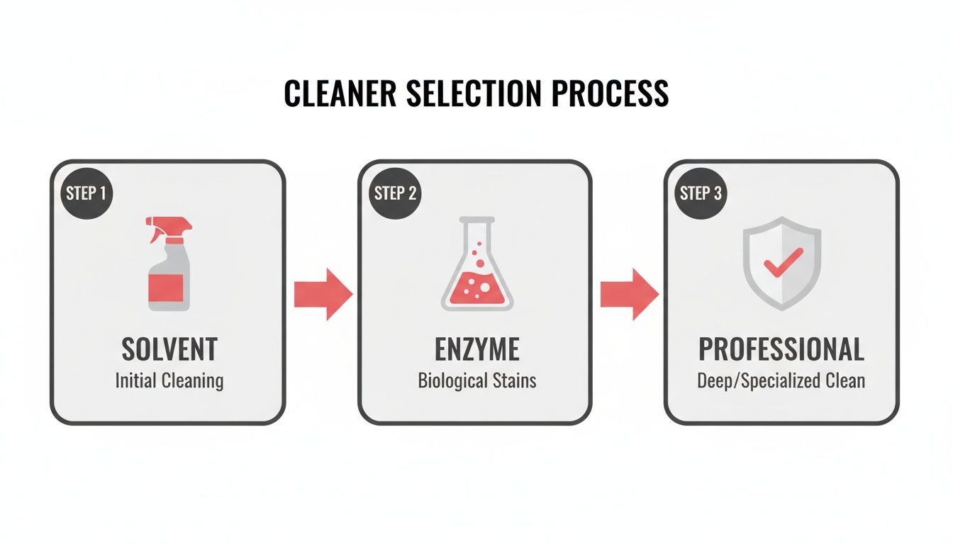 A three-step diagram illustrating the cleaner selection process for various stain types.