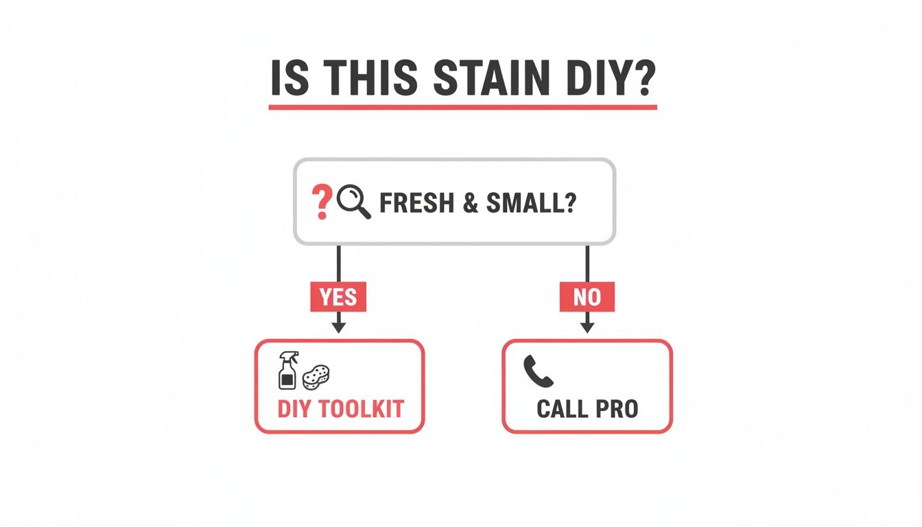 Flowchart illustrating if a stain is DIY; if fresh and small, use a toolkit, otherwise call a professional.