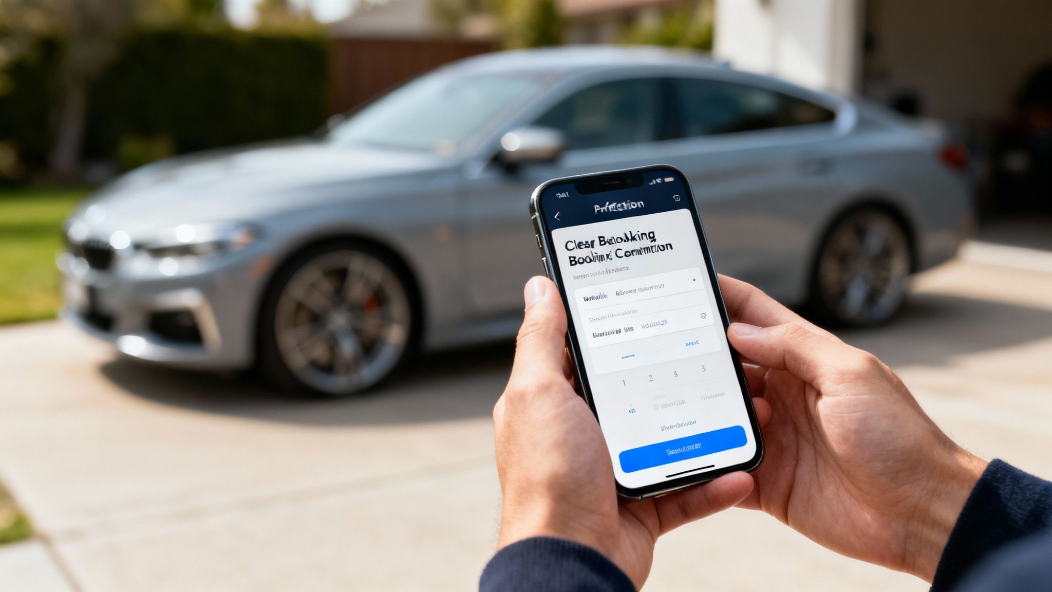 A person holds a smartphone displaying a car booking application, with a silver car parked in the background.
