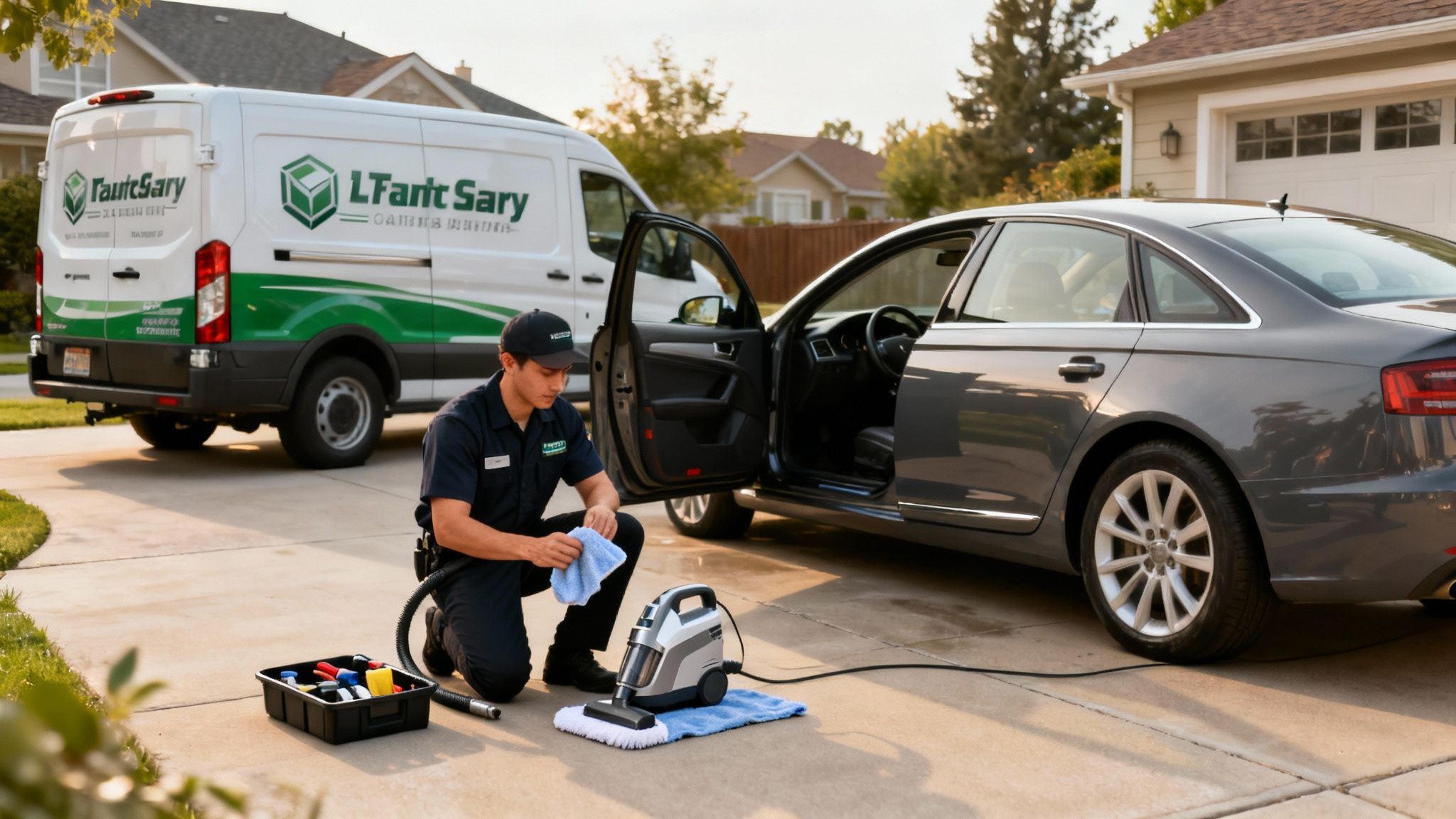 Professional car detailer meticulously cleaning a car's interior on a driveway with a service van.