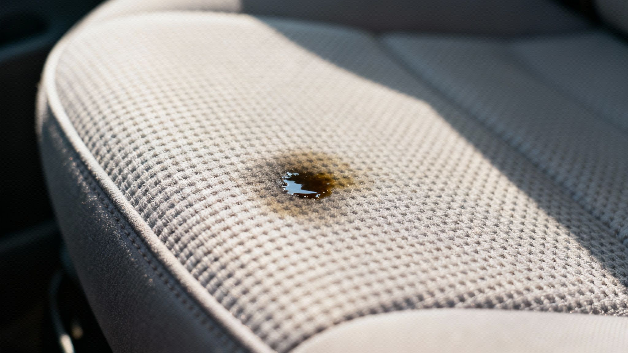 A dark liquid stain, possibly oil or grease, on light beige car seat upholstery.