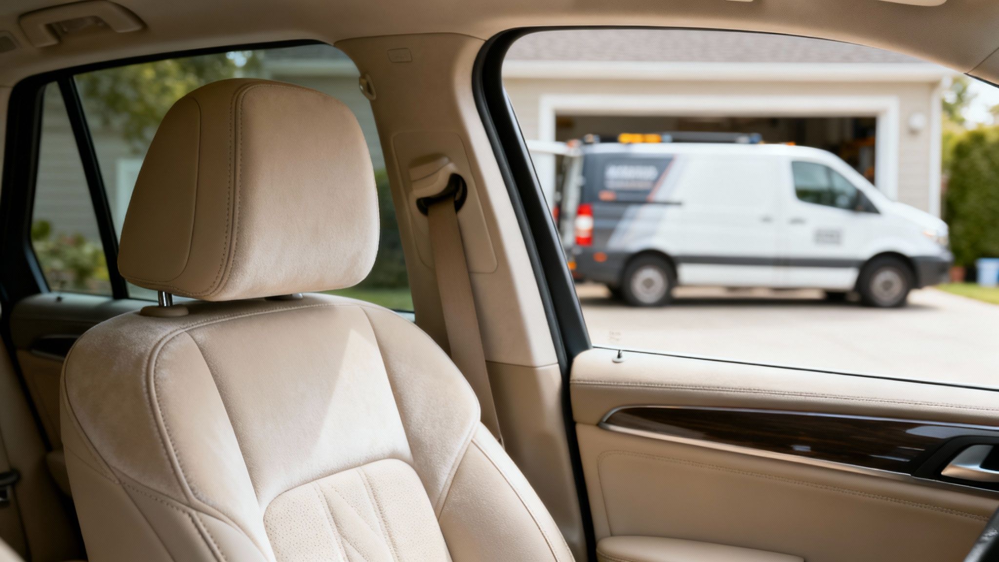 View from inside a car of a beige leather seat, looking out at a white service van.