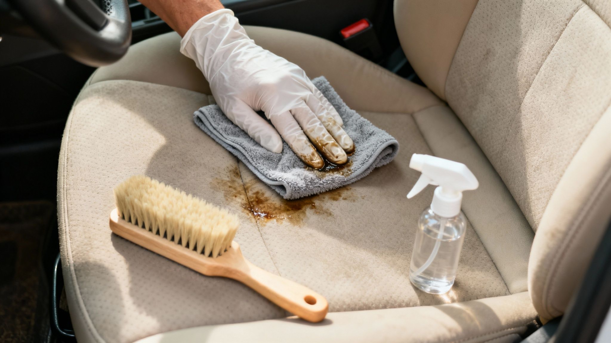 A gloved hand cleaning a dark grease stain from a light-colored car seat upholstery.