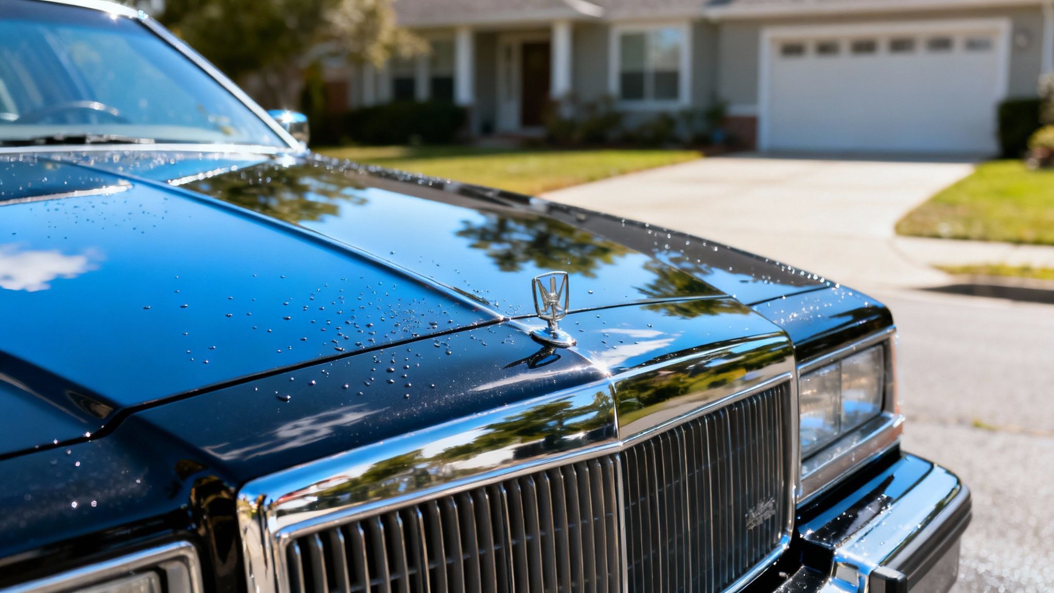 Close-up of a glossy black car's hood with water droplets and a hood ornament, parked in a driveway.