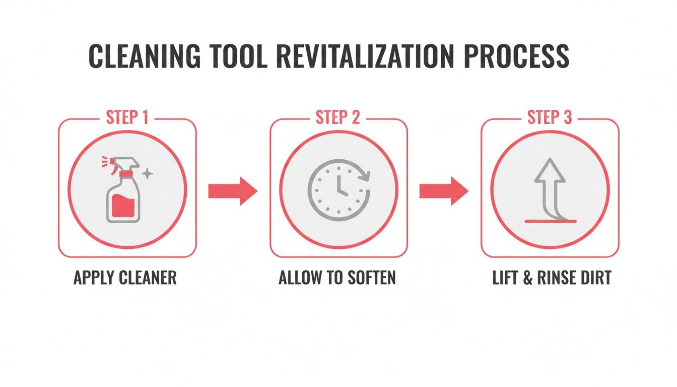 A three-step diagram illustrates the cleaning tool revitalization process: apply cleaner, allow to soften, then lift and rinse dirt.