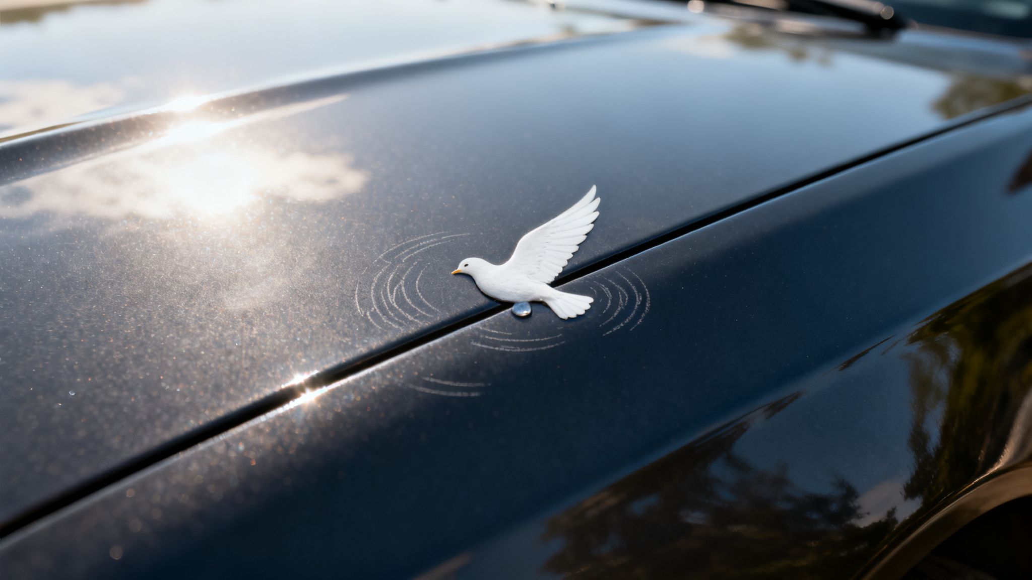 A white dove ornament with ripple effects on a shiny dark car hood reflecting sunlight.