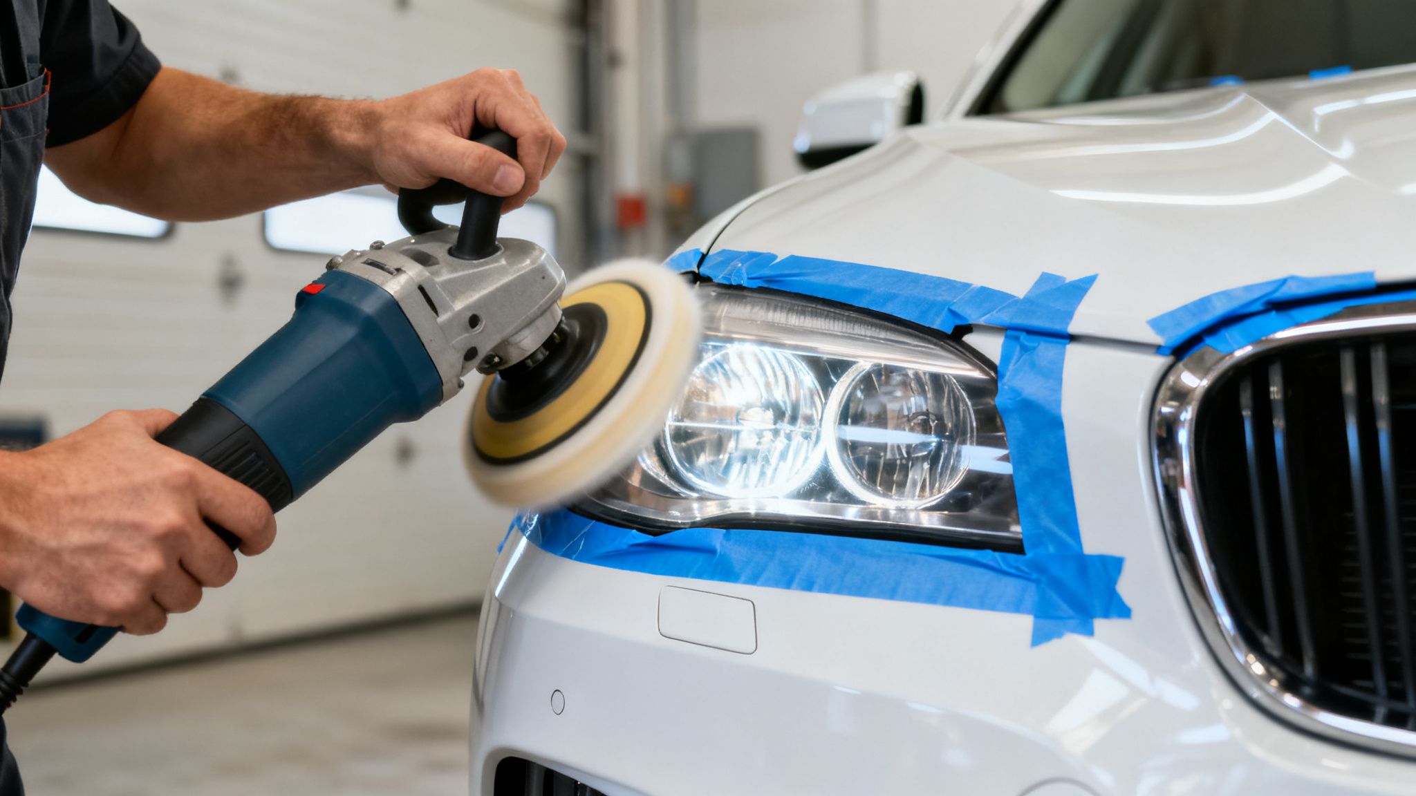Close-up of a person polishing a white car's headlight with a power buffer, taped for restoration.
