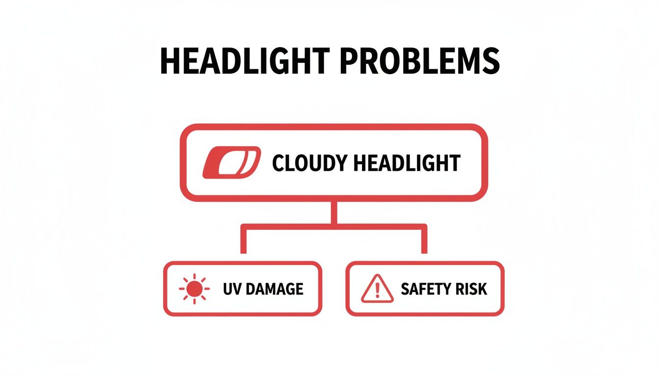 Diagram illustrating common headlight problems, specifically cloudy headlights leading to UV damage and safety risks.