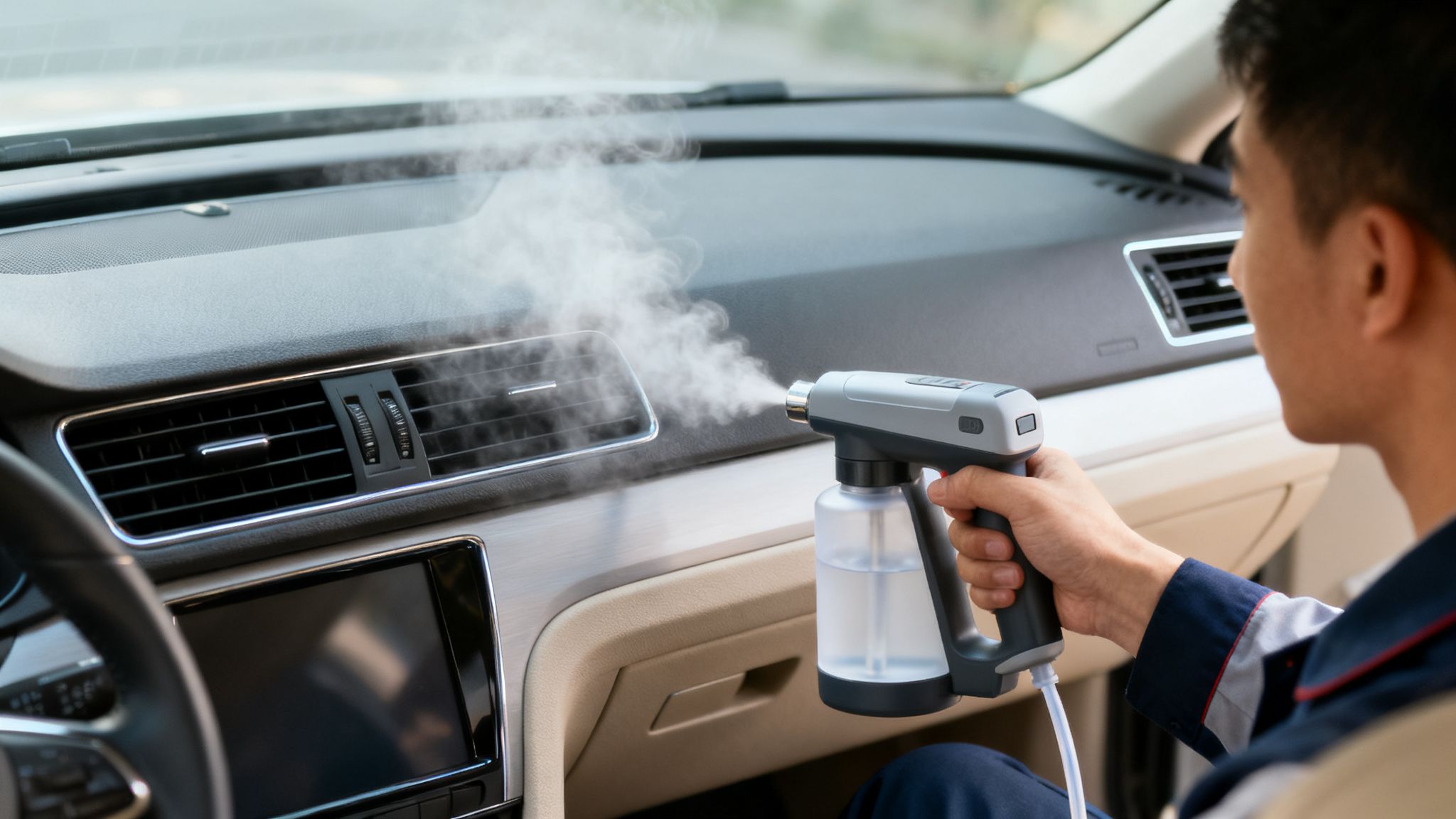 A technician sprays mist into a car's air conditioning vent for cleaning and sanitization.