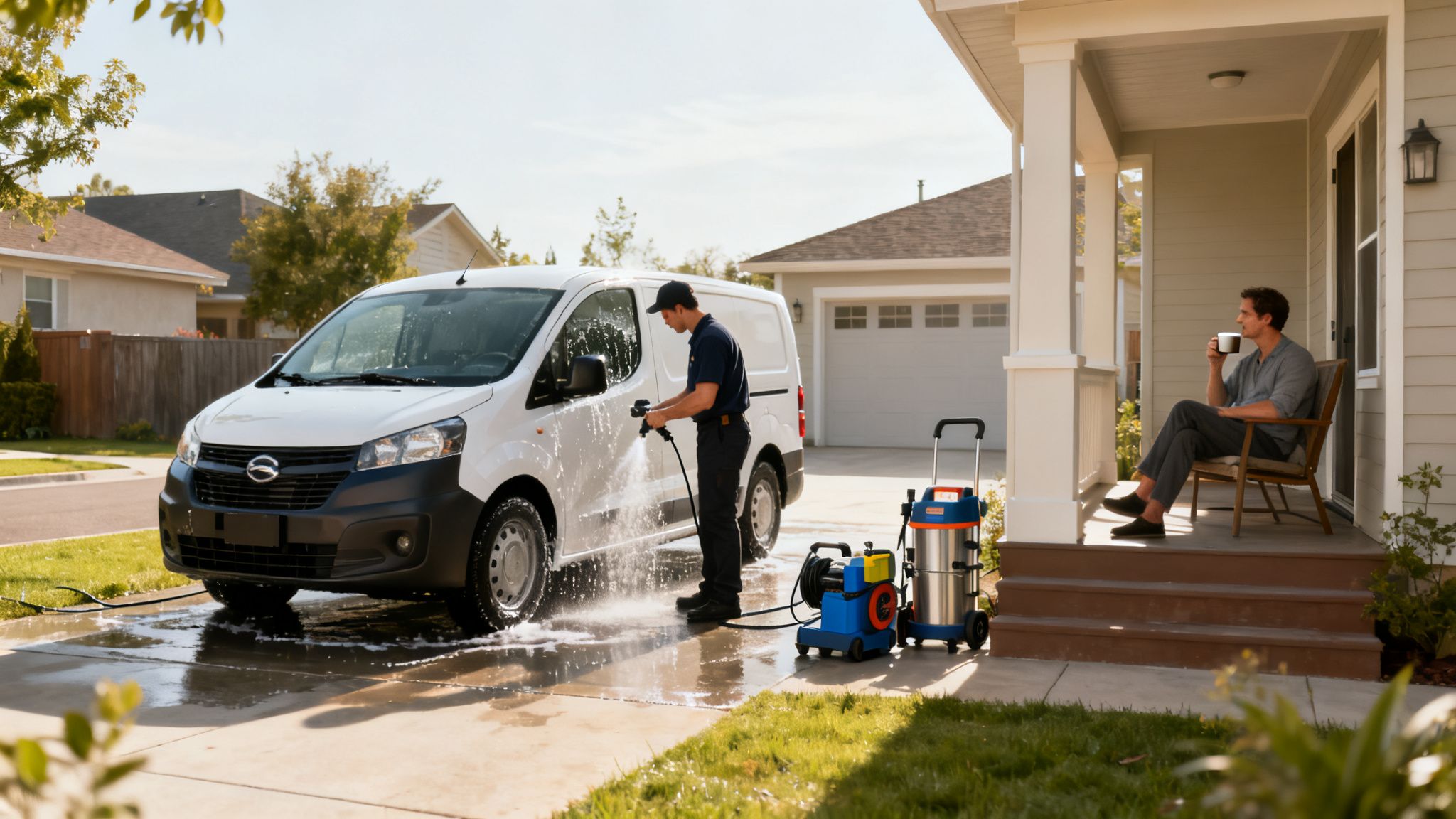 A man washes a white commercial van in a driveway while another relaxes on the porch.