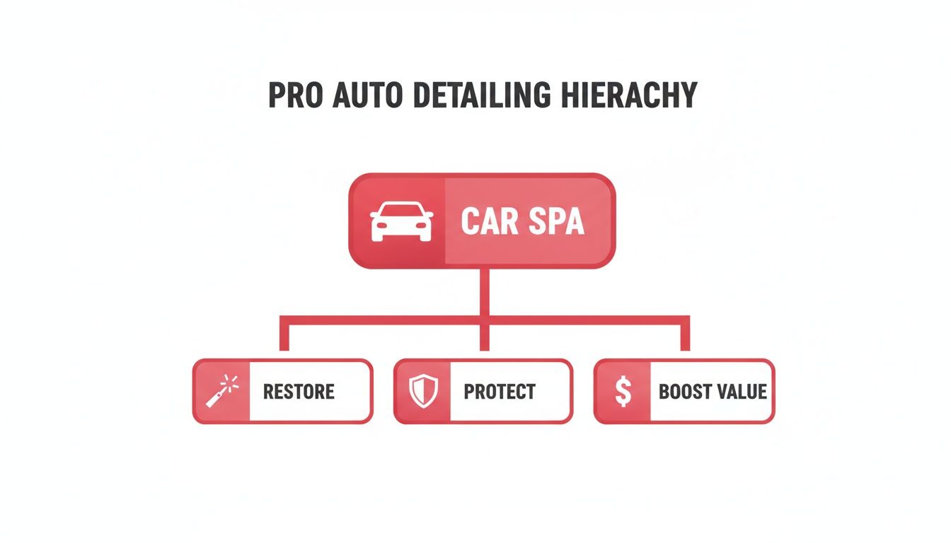 A hierarchical diagram outlining Pro Auto Detailing services, showing Car Spa, Restore, Protect, and Boost Value.