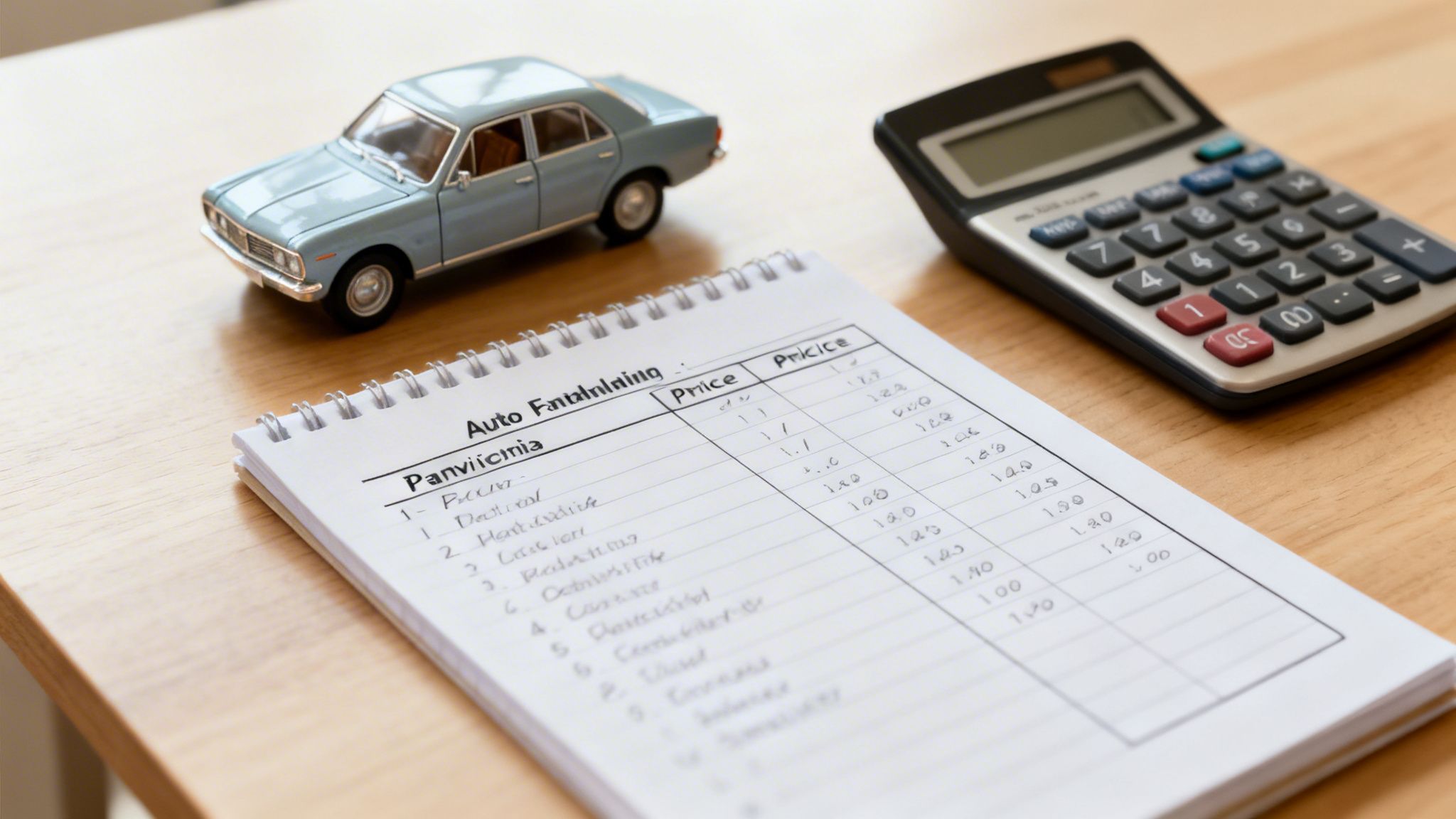 A light blue toy car on a wooden desk with a notebook listing auto prices and a calculator.