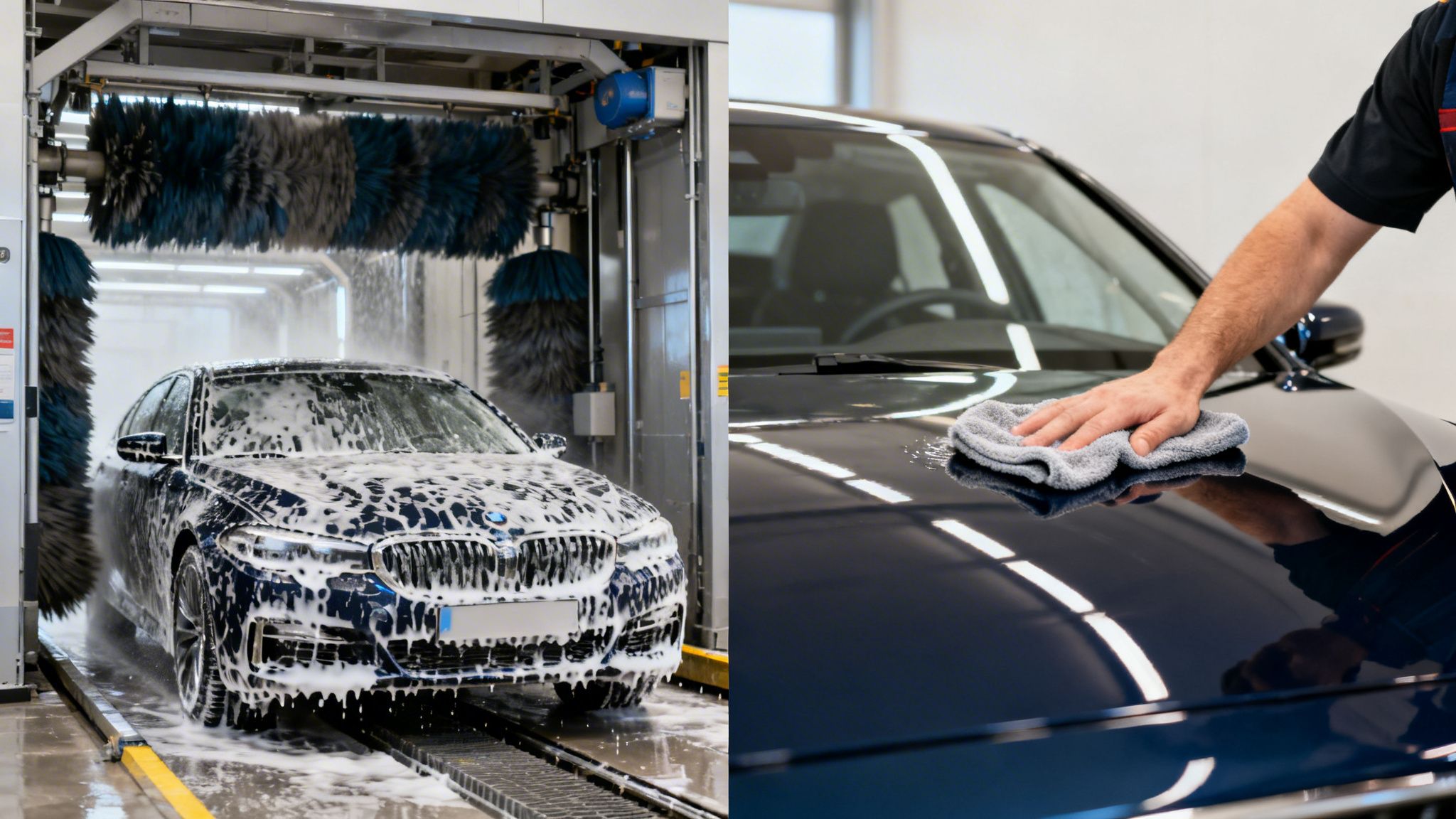 A car covered in foam in an automatic car wash next to a hand polishing a clean car.