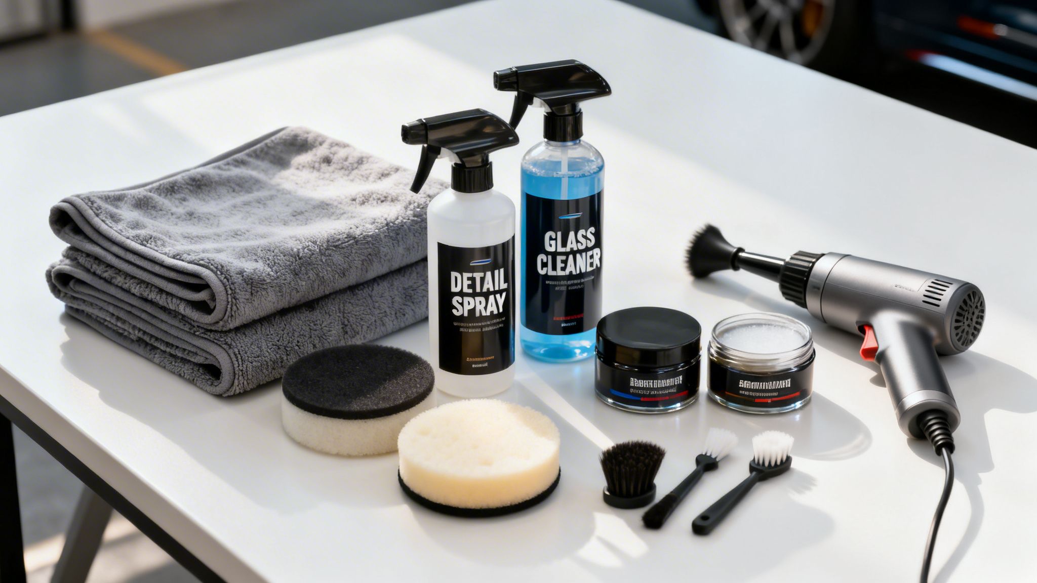 Various car detailing products: spray bottles, towels, sponges, brushes, and a blower, arranged on a white surface.