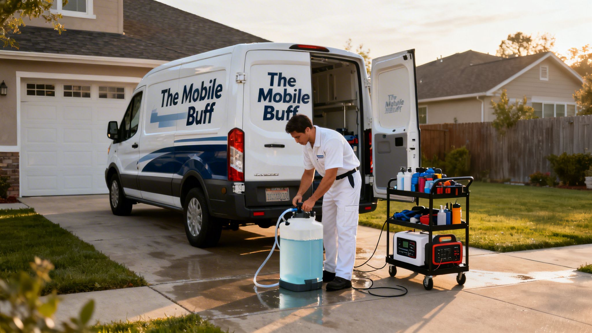 A man in uniform prepares mobile car detailing equipment next to a white van in a residential driveway.