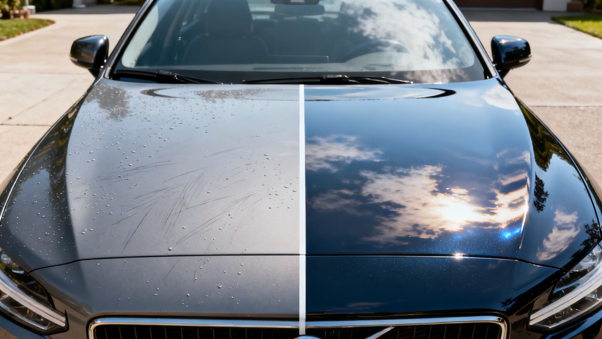Car hood split, showing dull, scratched paint on the left and a shiny, polished finish on the right.