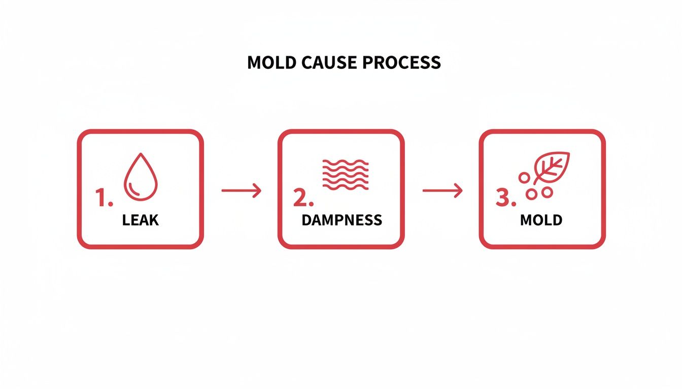 A diagram illustrating the mold cause process: leak, leading to dampness, which results in mold.