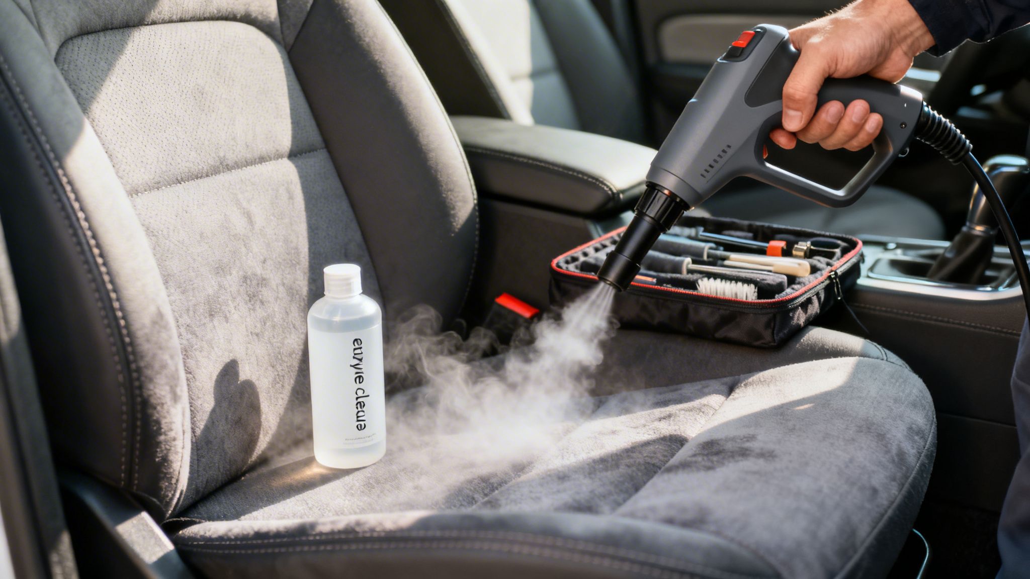 A person uses a steam cleaner on a grey car seat, with a cleaning product bottle nearby.