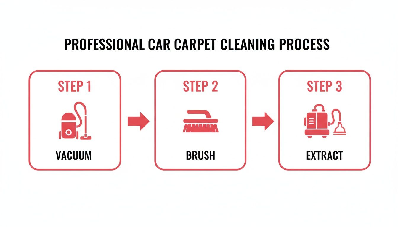 Infographic showing a professional car carpet cleaning process with three steps: vacuum, brush, and extract.