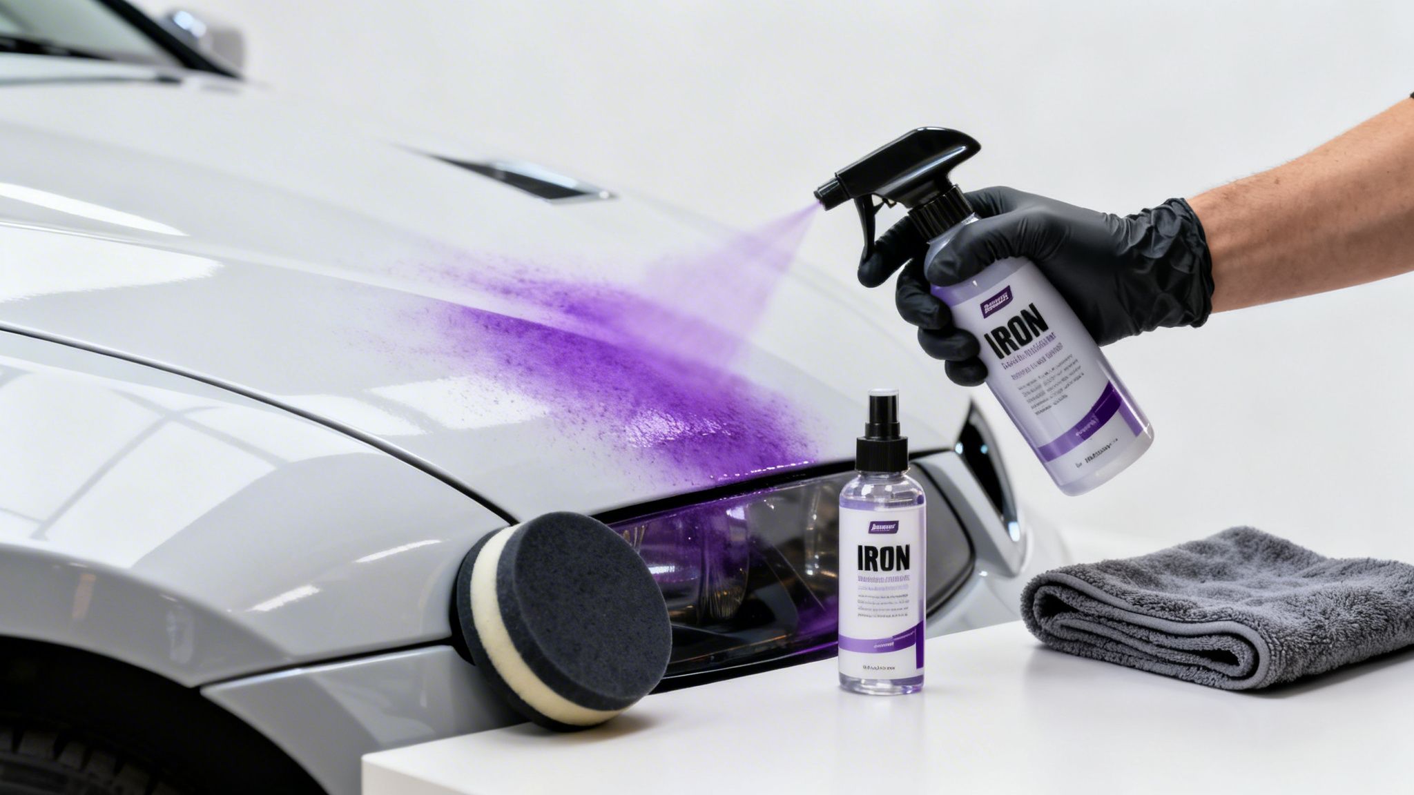 A gloved hand sprays purple iron remover onto a white car hood, showing chemical reaction.