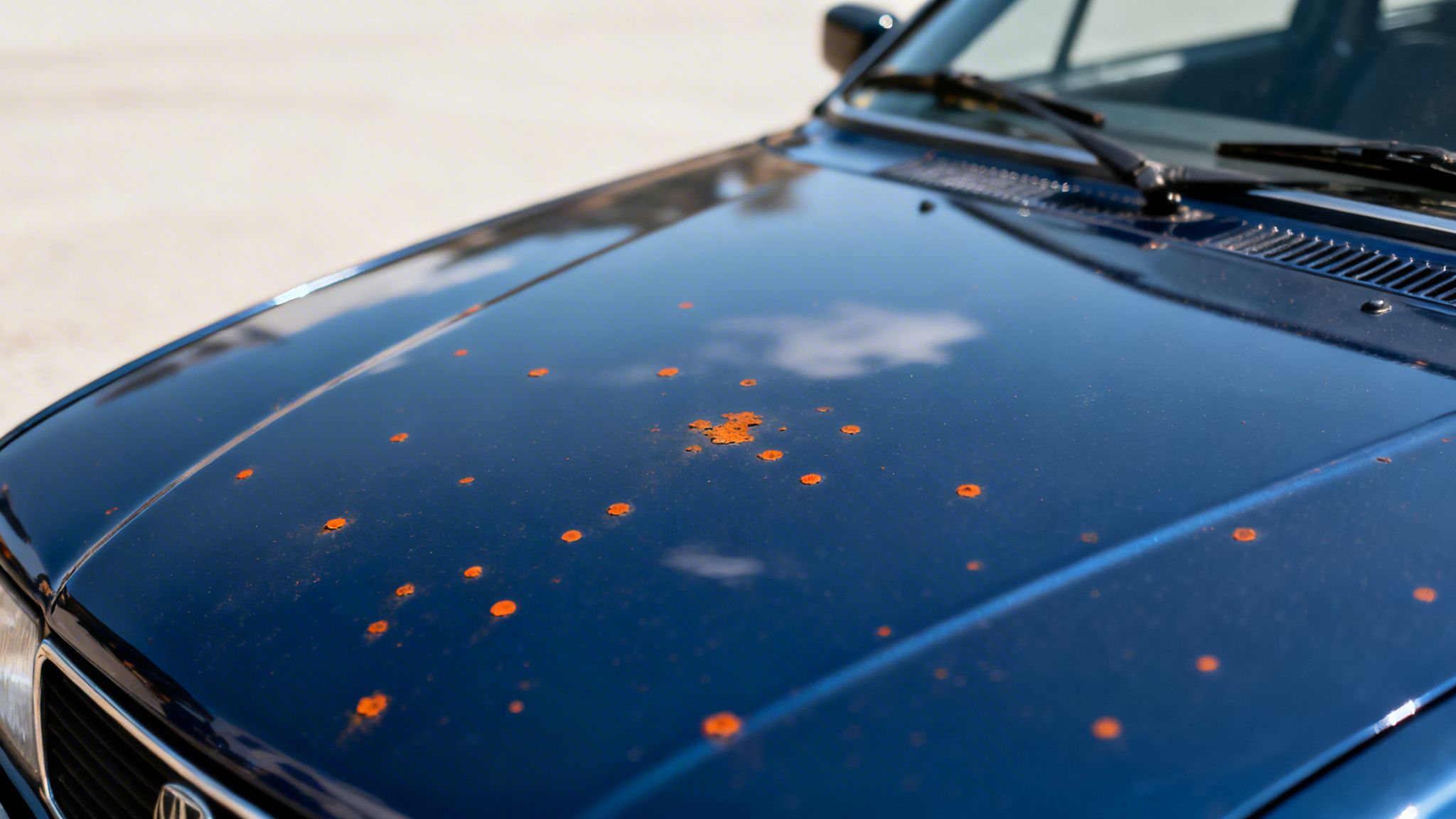 Close-up of a glossy blue car hood covered with numerous bright orange rust spots and a large rust patch.