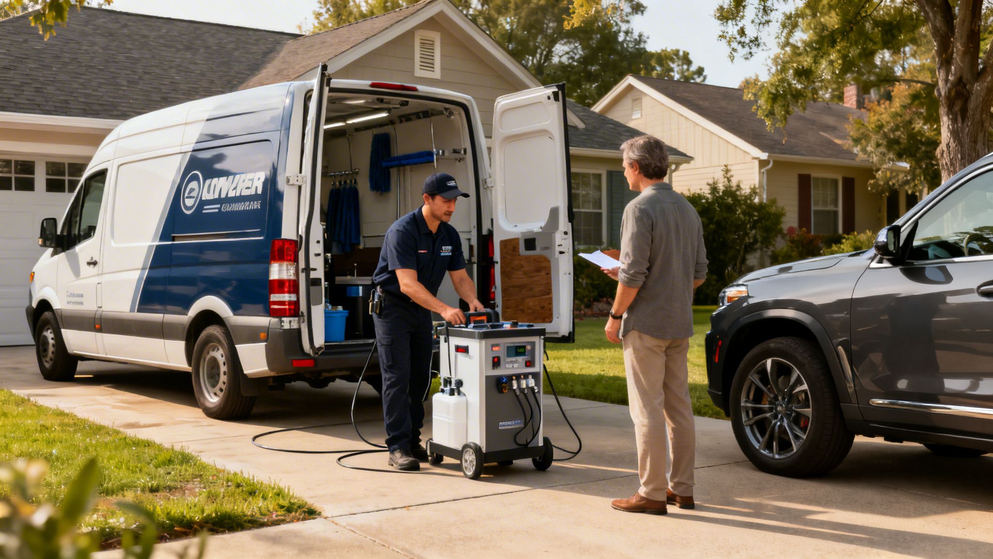 A service technician in uniform sets up climate control equipment from a Kinzler van for a customer.