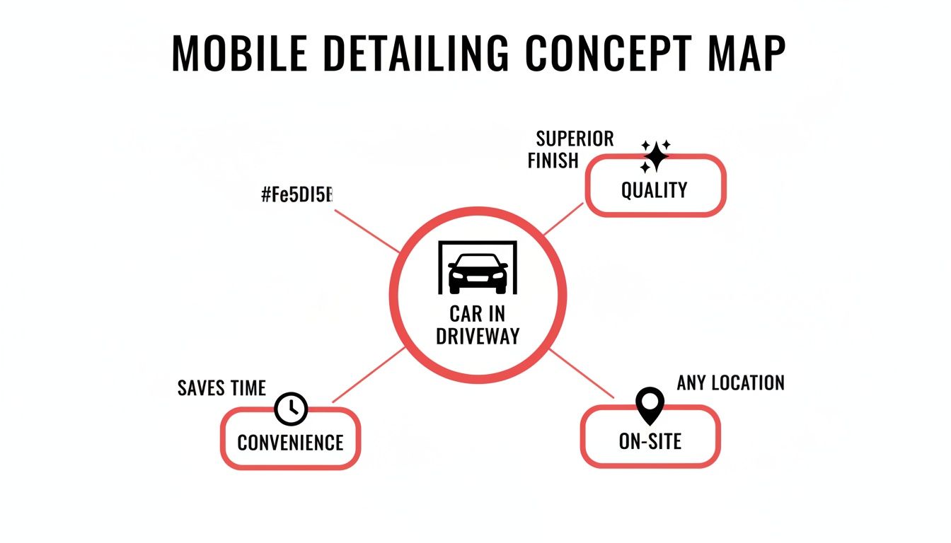A mobile detailing concept map illustrating car detailing in a driveway with branches for quality, convenience, and on-site service.