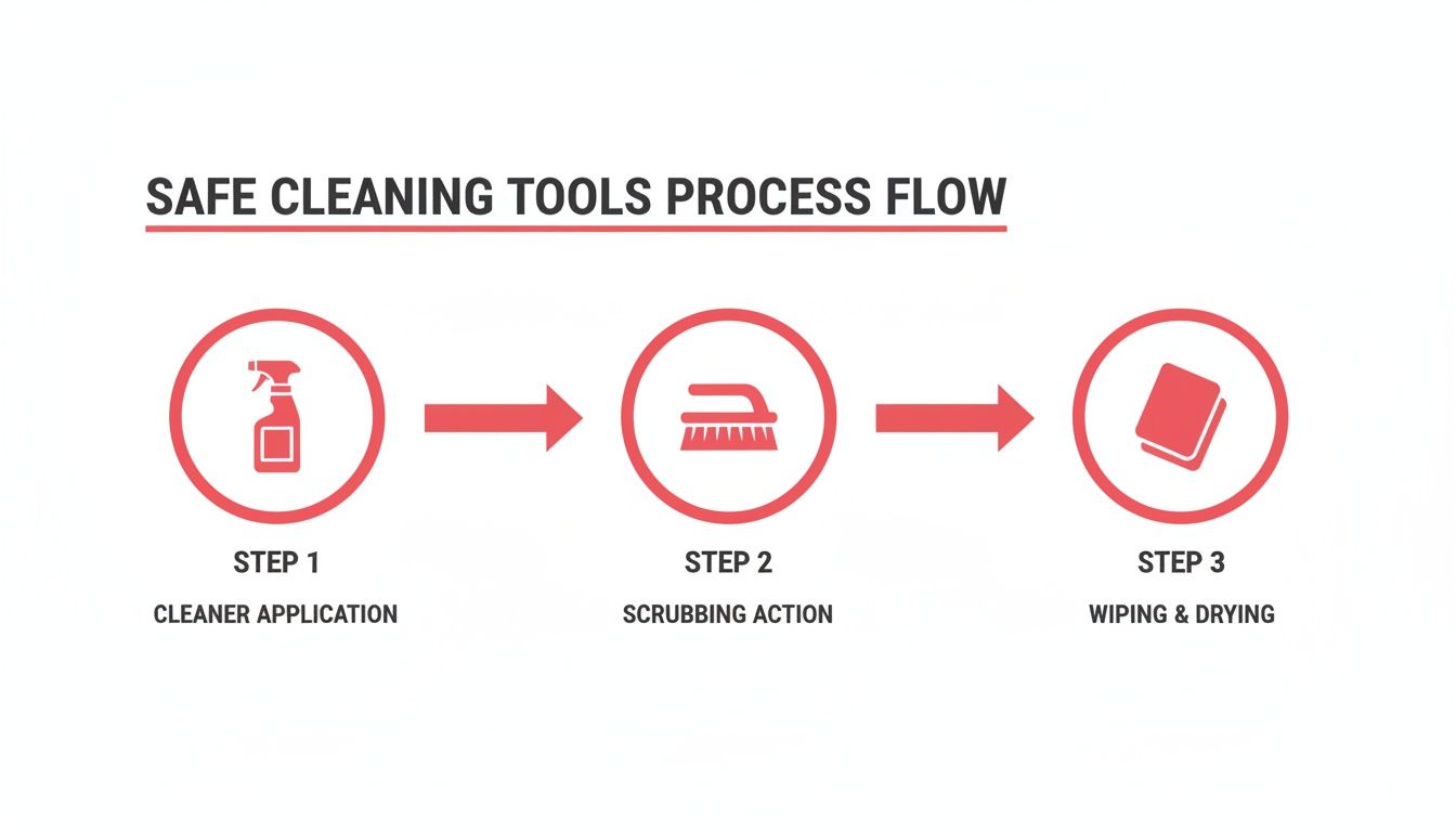 A three-step process flow illustrating safe cleaning tools: cleaner application, scrubbing action, and wiping and drying.