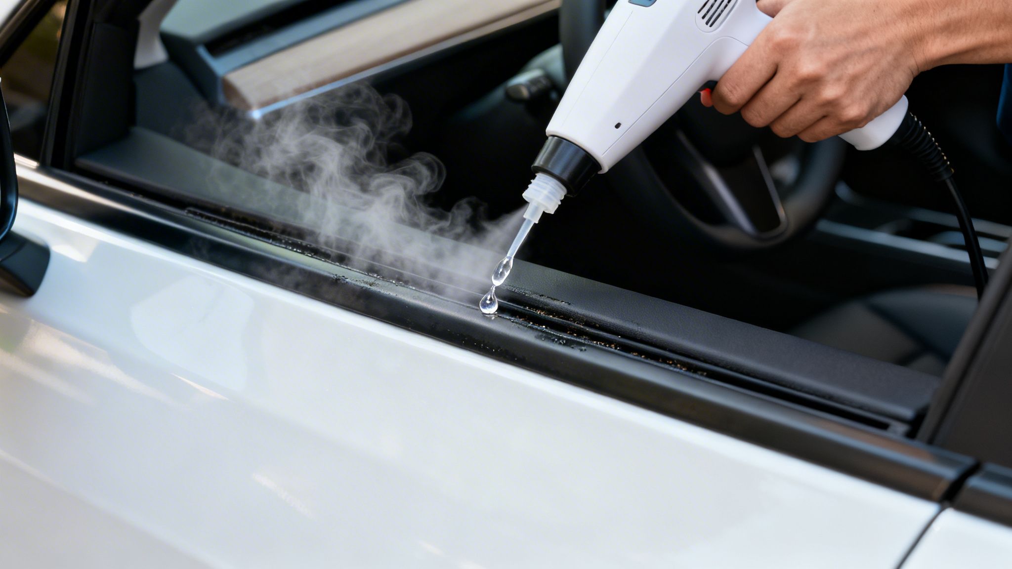 A person uses a steam cleaner to clean the dirty window track of a white car, with steam and water visible.