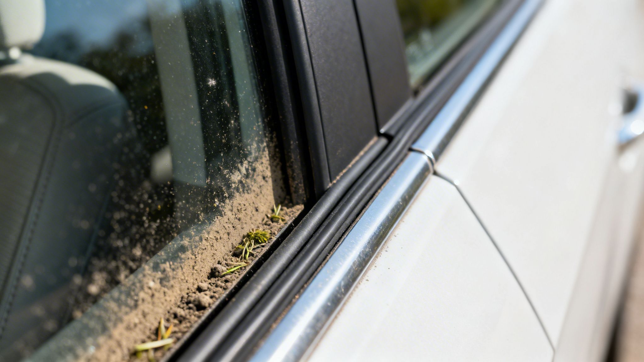 Extreme close-up of a car window track caked with dirt, dust, and small green plants.