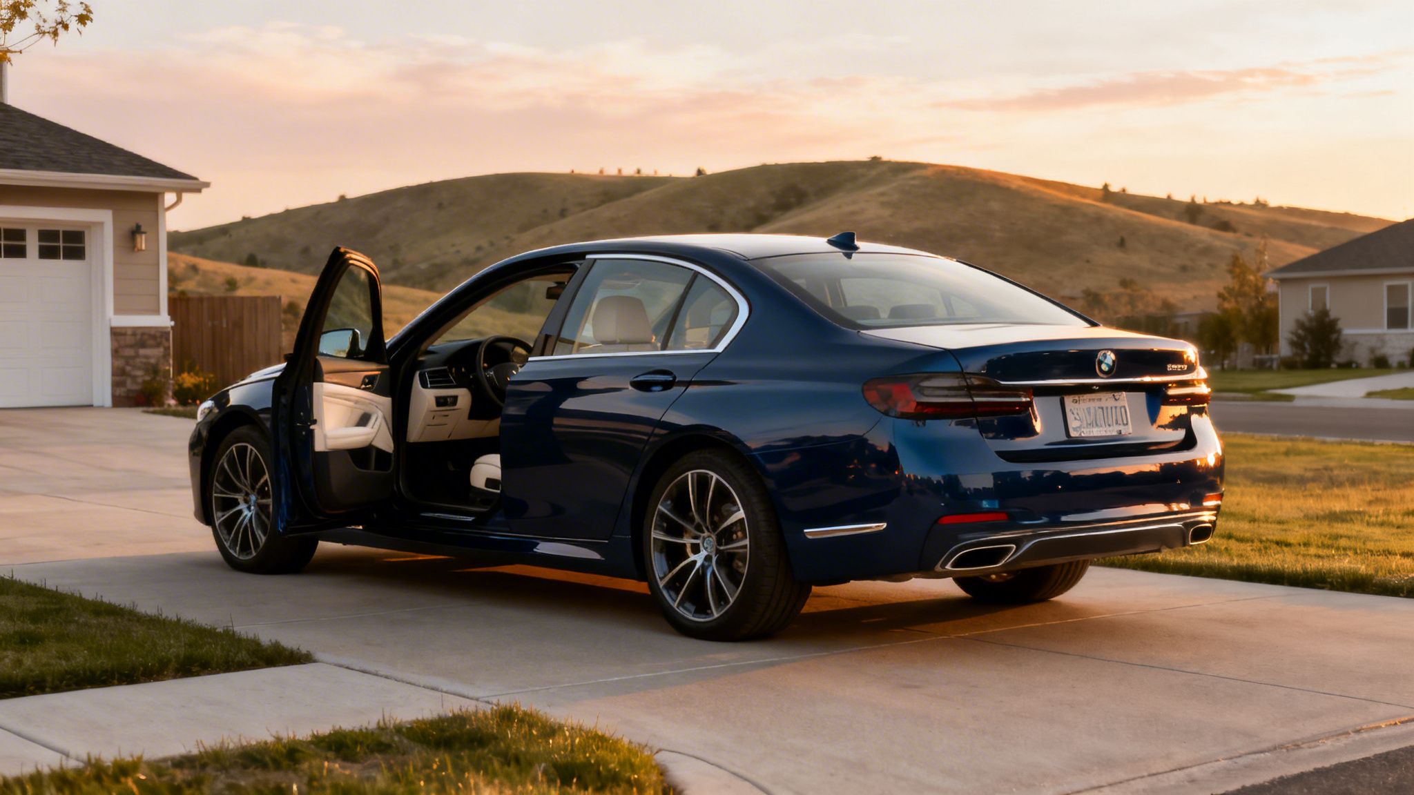 A luxurious dark blue BMW sedan with open doors parked in a driveway at golden hour.