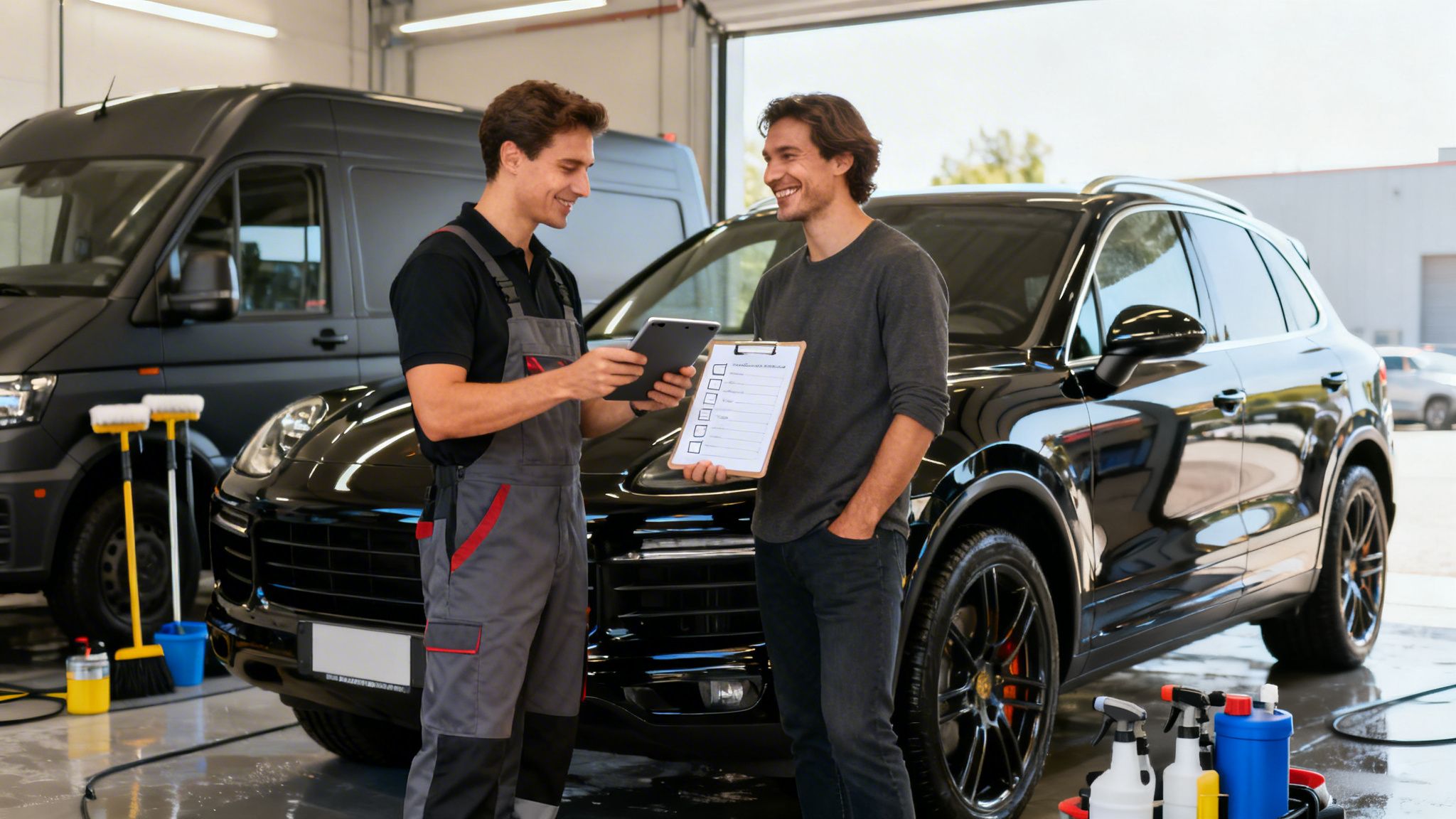 Two smiling men, a car detailer and customer, discuss services with a tablet and checklist.